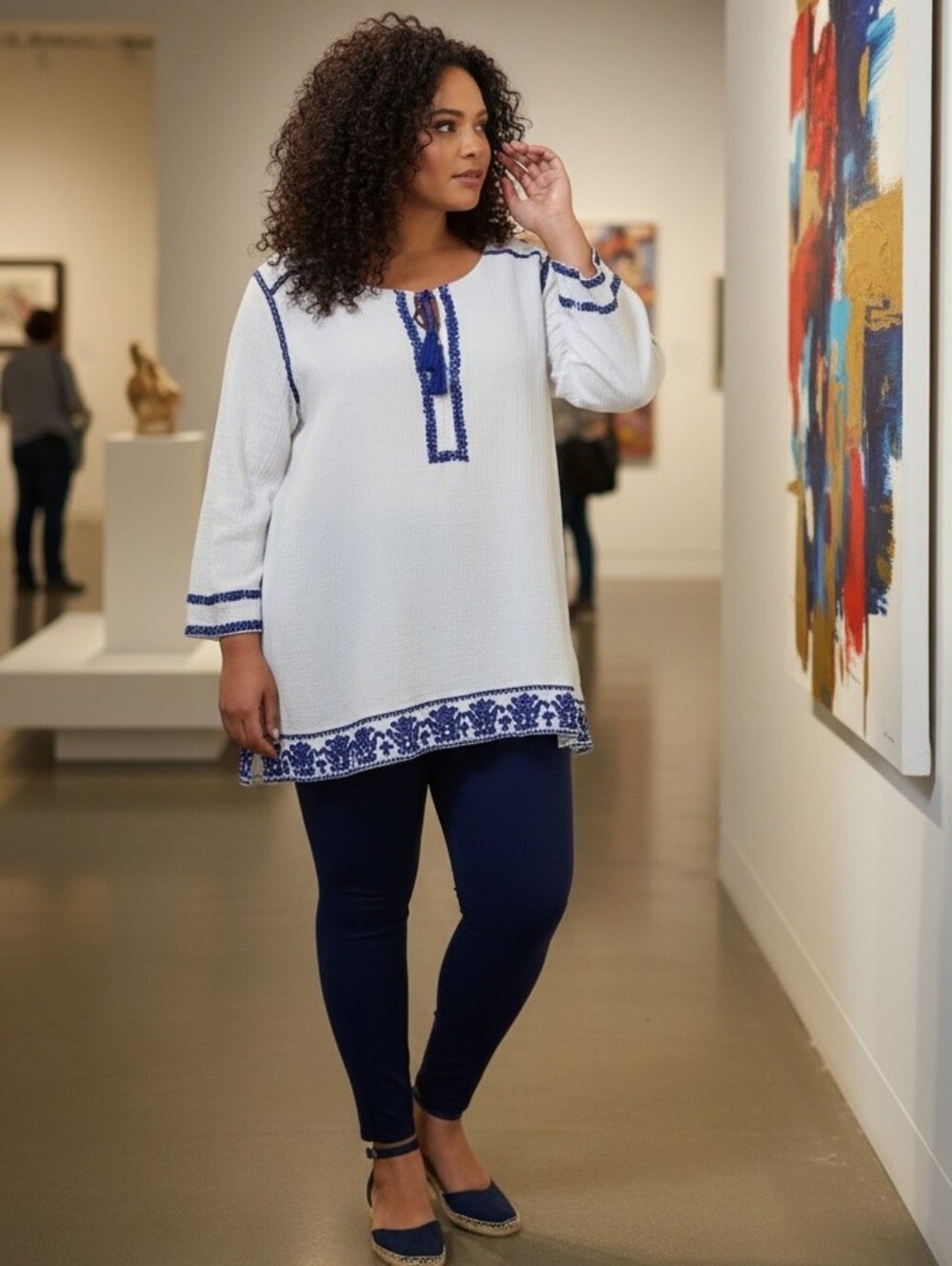 Soft Surroundings White Tunic with Blue Embroidery